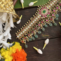 Vriksham Classic Kundan Jadau Flower Choker Neckpiece-Aqua Green Bead-J4016