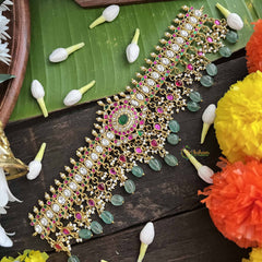 Vriksham Classic Kundan Jadau Flower Choker Neckpiece-Aqua Green Bead-J4016