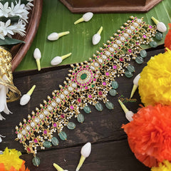 Vriksham Classic Kundan Jadau Flower Choker Neckpiece-Aqua Green Bead-J4016