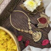 Vriksham South Indian Red Stone Lakshmi Neckpiece-Black Bead-G18875