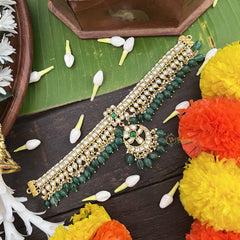 Vrikshamv Bridal White Half Moon Kundan Jadau Short Neckpiece-Green Bead-J4025
