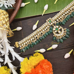 Vrikshamv Bridal White Half Moon Kundan Jadau Short Neckpiece-Green Bead-J4025