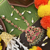 Vriksham Lotus Lakshmi Woth Peacock Design Kundan Jadau Long Neckpiece-Green Bead-J4052