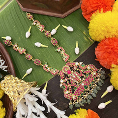 Vriksham Lotus Lakshmi Woth Peacock Design Kundan Jadau Long Neckpiece-Green Bead-J4052