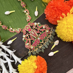 Vriksham Lotus Lakshmi Woth Peacock Design Kundan Jadau Long Neckpiece-Green Bead-J4052