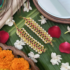 Vriksham Gold Look Mang Style Traditional Kemp Maatil- Red-Pearl-G19666
