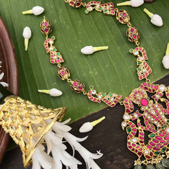 Vriksham Lotus Lakshmi Woth Peacock Design Kundan Jadau Long Neckpiece-Green Bead-J4052