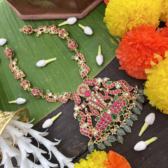 Vriksham Lotus Lakshmi Woth Peacock Design Kundan Jadau Long Neckpiece-Green Bead-J4052