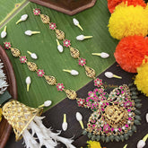 Vriksham Dual Pecock & Lakshmi Design Kundan Jadau Long Neckpiece-Green Bead-J4053