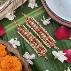 Vriksham Gold Look Double Mang Style Traditional Kemp Maatil- Red-Pearl-G19667