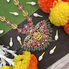 Vriksham Dual Pecock & Lakshmi Design Kundan Jadau Long Neckpiece-Green Bead-J4053