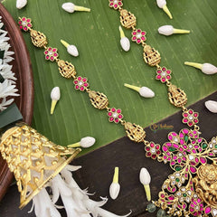 Vriksham Dual Pecock & Lakshmi Design Kundan Jadau Long Neckpiece-Green Bead-J4053