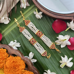 Vriksham Gold Look Square Pearl Style Traditional Kemp Maatil-Red-G19675