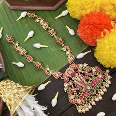 Vriksham Antique Peacock Nakshi &Lotus Lakshmi Design Kundan Jadau Long Neckpiece-Pearls-J4054