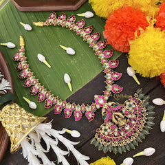 Vriksham Classic Lakshmi Pendant With Manga Design Kundan Jadau Long Neckpiece-Green Bead-J4055