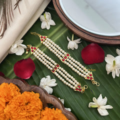 Vriksham Gold Look Sigle Three Dot Line Pearl Style Traditional Kemp Maatil-Red-G19677