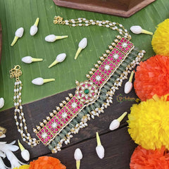 Vrikshamv Pearls Coated Bridal Choker Neckpiece-Aqua Green Bead-Rice Pearls-J4026