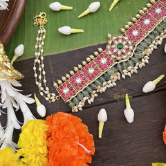 Vrikshamv Pearls Coated Bridal Choker Neckpiece-Aqua Green Bead-Rice Pearls-J4026