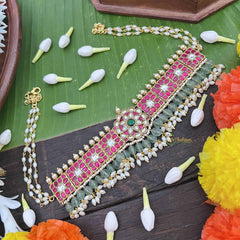 Vrikshamv Pearls Coated Bridal Choker Neckpiece-Aqua Green Bead-Rice Pearls-J4026