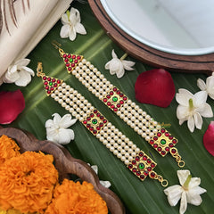 Vriksham Gold Look Square Pearl Style Traditional Kemp Maatil-Red Green-G19674