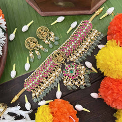 Vrikshamv Half Circle With lakshmi Neckpiece-Aqua Green Bead-Pearls-J4027