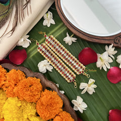 Vriksham Gold Look Alike Three Line Red With White Traditional Kemp Maatil-Pearl-G19659