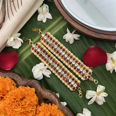 Vriksham Gold Look Alike Three Line Red With White Traditional Kemp Maatil-Pearl-G19659