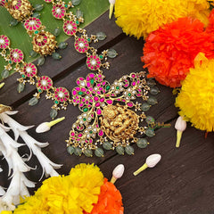 Vrikshamv Traditional Lakshmi & Floral Kundan Jadau Long Neckpiece-Aqua Green Bead-J4035