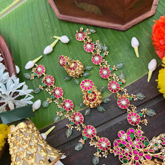 Vrikshamv Traditional Lakshmi & Floral Kundan Jadau Long Neckpiece-Aqua Green Bead-J4035