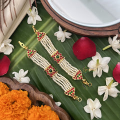 Vriksham Gold Look Square Pearl Style Traditional Kemp Maatil-Red Green-G19676