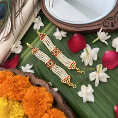 Vriksham Gold Look Square Pearl Style Traditional Kemp Maatil-Red Green-G19676