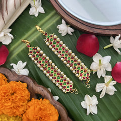 Vriksham Gold Look Alike Three Line Red With Green Traditional Kemp Maatil-Pearl-G19660