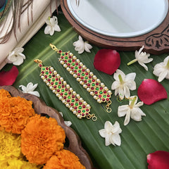 Vriksham Gold Look Alike Three Line Red With Green Traditional Kemp Maatil-Pearl-G19660