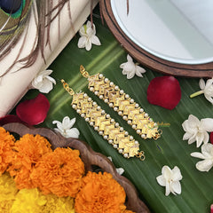 Vriksham Gold Look Alike Three Line Red With Green Traditional Kemp Maatil-Pearl-G19660