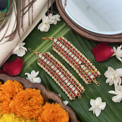 Vriksham Gold Look Double Line Traditional Kemp Maatil- Red White-Pearl-G19668