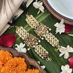 Vriksham Gold Look Lotus Style Traditional Kemp Maatil-Red Green-Pearl-G19743