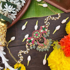 Vrikshamv Elegant Floral & Peacock Side Kundan Jadau Choker-Rice Pearls Bead-J4034