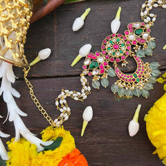 Vrikshamv Elegant Floral & Peacock Side Kundan Jadau Choker-Rice Pearls Bead-J4034