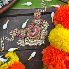 Vriksham Elegant Dual Peacock Design Kundan Jadau Guttapusalu Choker-Rice Pearls Bead-J4038