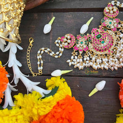Vriksham Elegant Dual Peacock Design Kundan Jadau Guttapusalu Choker-Rice Pearls Bead-J4038
