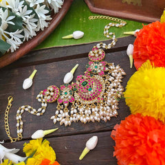 Vriksham Elegant Dual Peacock Design Kundan Jadau Guttapusalu Choker-Rice Pearls Bead-J4038