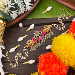 Vriksham Half Moon WithPeacock Design Kundan Jadau Choker-Rice Pearls Bead-J4039