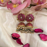 Vriksham Handcrafted Pink Floral Kundan Jadau With Green Beads and Pearl Tassels Jhumkas Earrings-J4216
