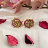 Vriksham Antique Peacock Motif Circular Studs With Ruby-Pink Stones and Pearl Border Stud Earrings-J4218
