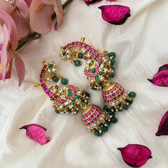 Vriksham Grand Indian Kaan-Style Kundan Jadau Jhumka Earrings With Earcuff-Green Bead-J4219