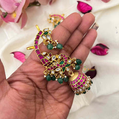 Vriksham Grand Indian Kaan-Style Kundan Jadau Jhumka Earrings With Earcuff-Green Bead-J4219