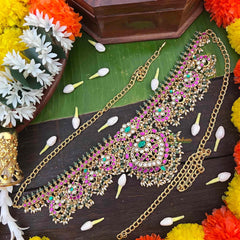 Vriksham Elegant Diya Style Design Kundan Jadau Guttapusalu Hip chain-Green Bead & Rice Pearls-J4046