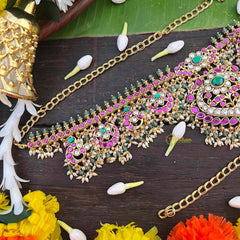 Vriksham Elegant Diya Style Design Kundan Jadau Guttapusalu Hip chain-Green Bead & Rice Pearls-J4046