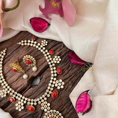 Vriksham Classic Golden Floral Coral Short Neckpiece-White-Pearls-G21843