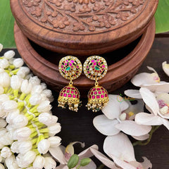 Vriksham Premium Peacock Jadau Kundan Jhumka-Red Green & White-Pearls-J4048